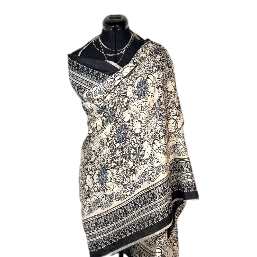 Black & Ivory Paisley Print Oversized Wrap Shawl Blue Floral Accent